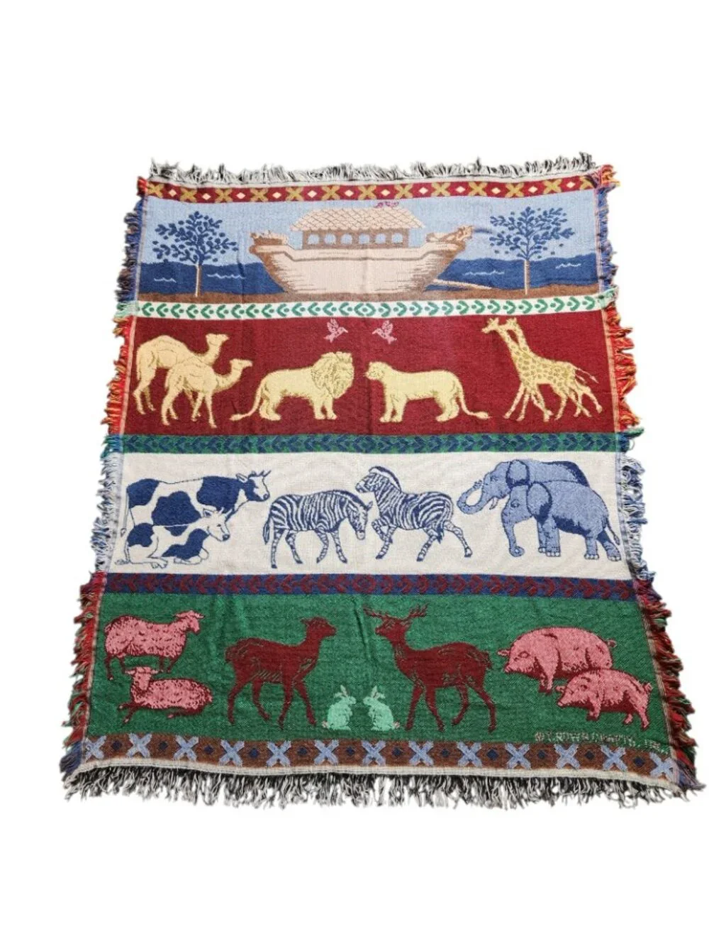 Vtg Crown Crafts Woven Throw Blanket Noah’s Ark Animals Christian Bible 55”x 45”